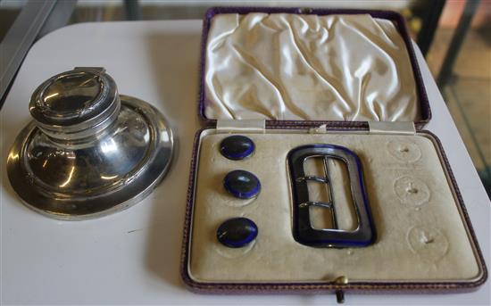 Silver part buckle/button set, inkwell and pencil